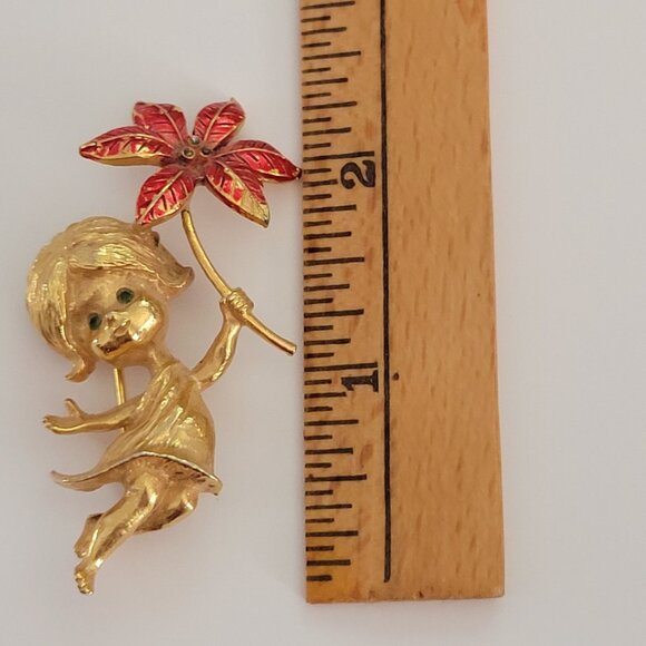 Vintage Gold-Tone Brooch Pin With Enamel Red Flower Gerrys Green Rhinestone Eyes - Picture 5 of 5